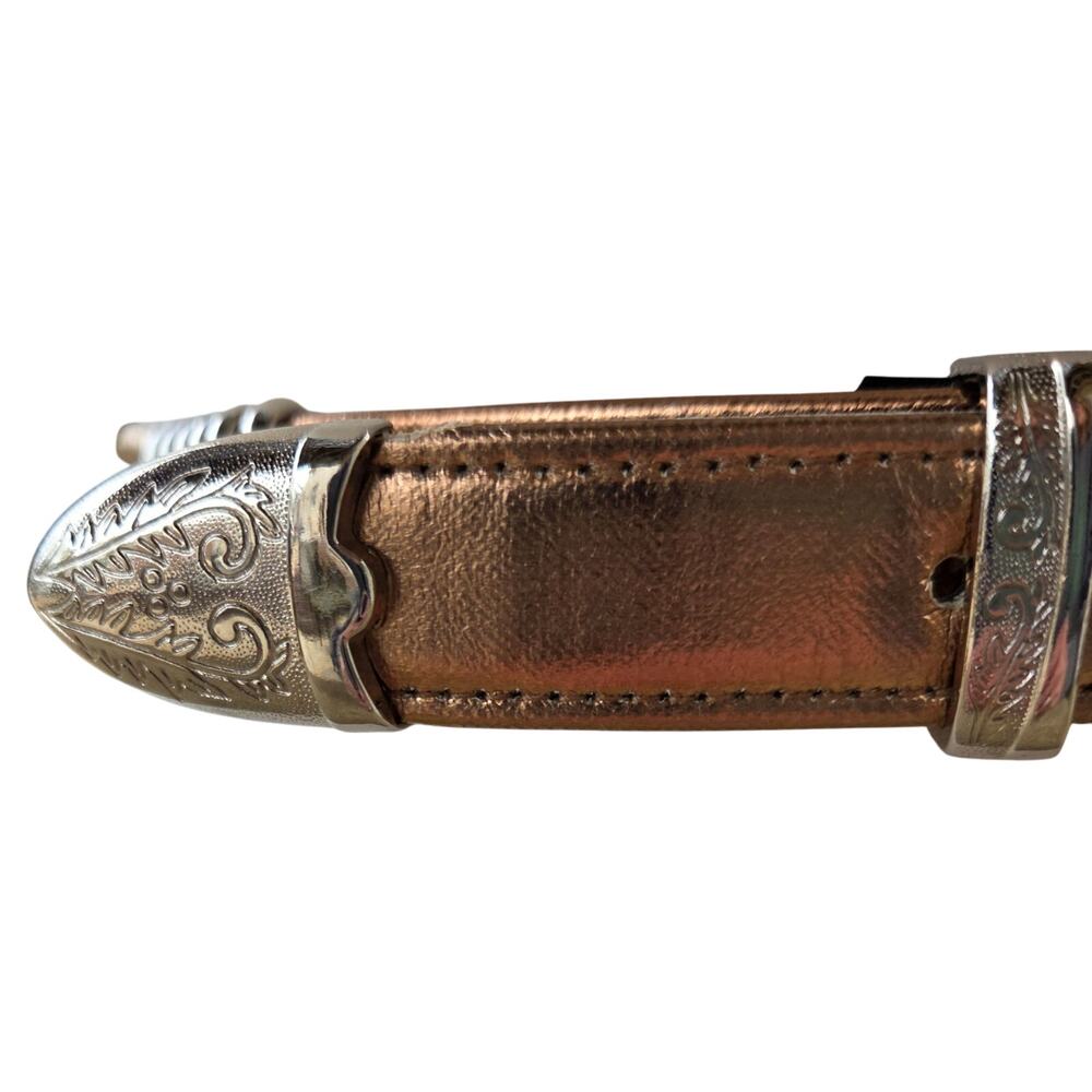Vintage 80s Gold Copper Silver Belt M/L Etched Buckle Guard Tip Office Siren - Picture 5 of 11